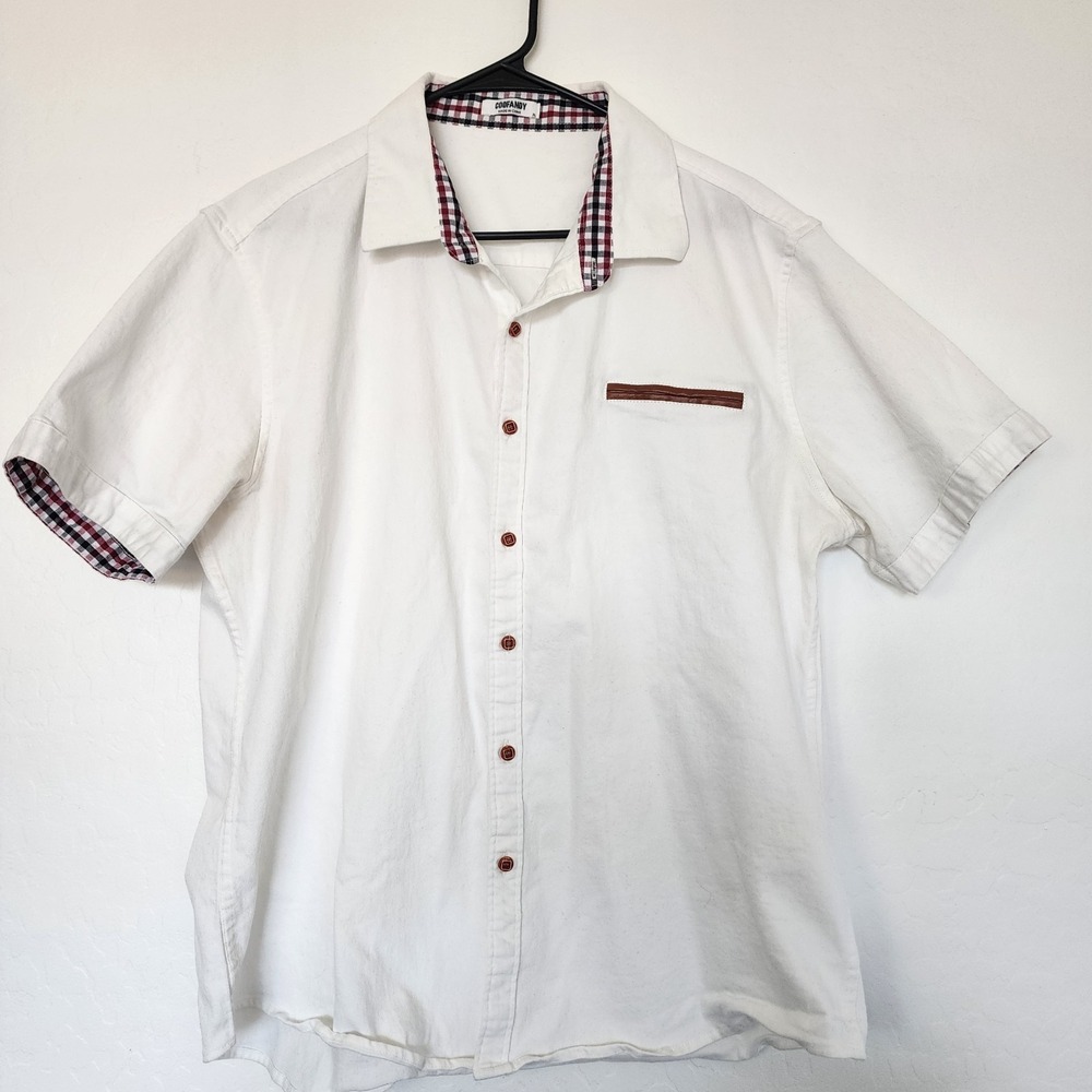 COOFANDY Mens XL White Button Front Shirt Plaid Trim Faux Leather Pocket Casual - Picture 2 of 10